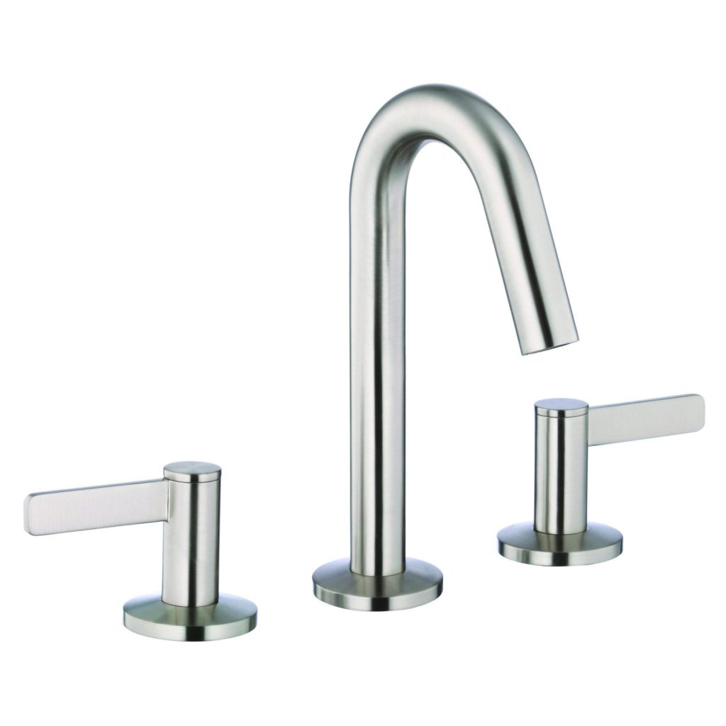 The Amalfi Two Handle Widespread Bathroom Faucet features a modern brushed metal finish, a central curved spout, and two matching lever handles, perfect for enhancing your bathroom sink.