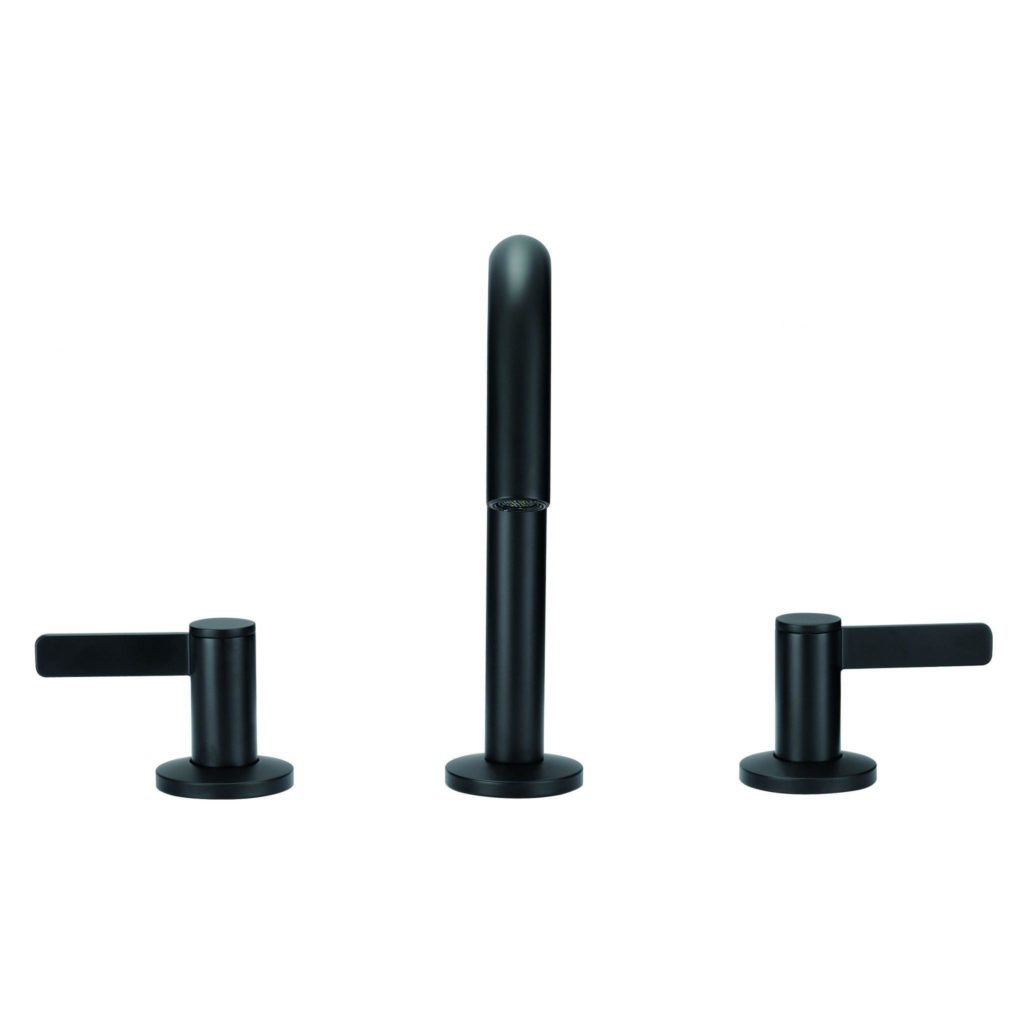 The Amalfi Two Handle Widespread Bathroom Faucet features a tall central spout and two matching lever handles in a modern matte black finish with a minimalist cylindrical design.
