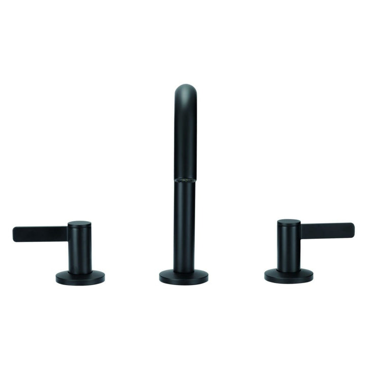 The Amalfi Two Handle Widespread Bathroom Faucet features a tall central spout and two matching lever handles in a modern matte black finish with a minimalist cylindrical design.