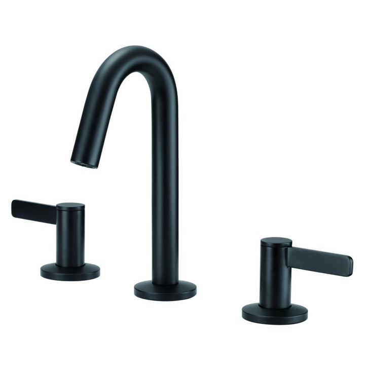 The Amalfi Two Handle Widespread Bathroom Faucet features a modern matte black finish, a curved central spout, and two cylindrical handles, all showcased against a white background.