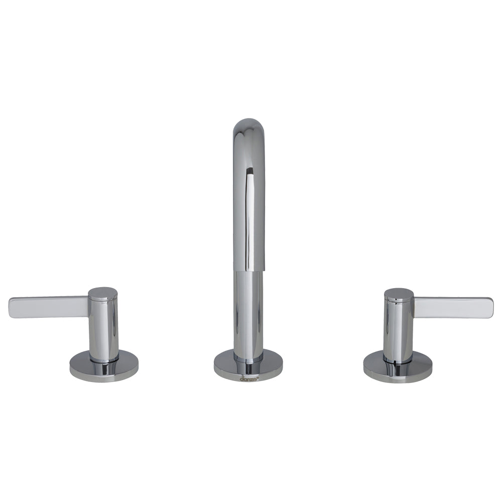 The Amalfi Two Handle Widespread Bathroom Faucet features a central curved spout and two flat lever handles, each mounted on round bases.