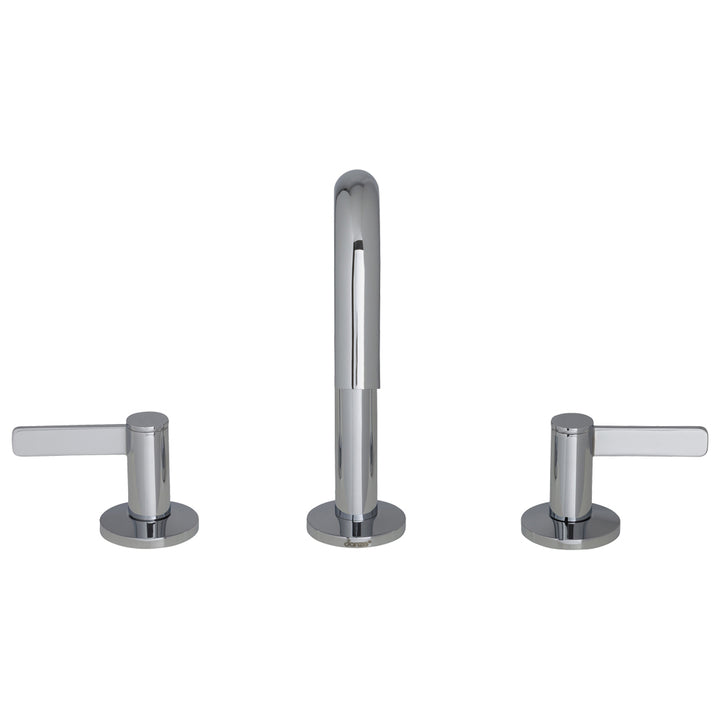 The Amalfi Two Handle Widespread Bathroom Faucet features a central curved spout and two flat lever handles, each mounted on round bases.