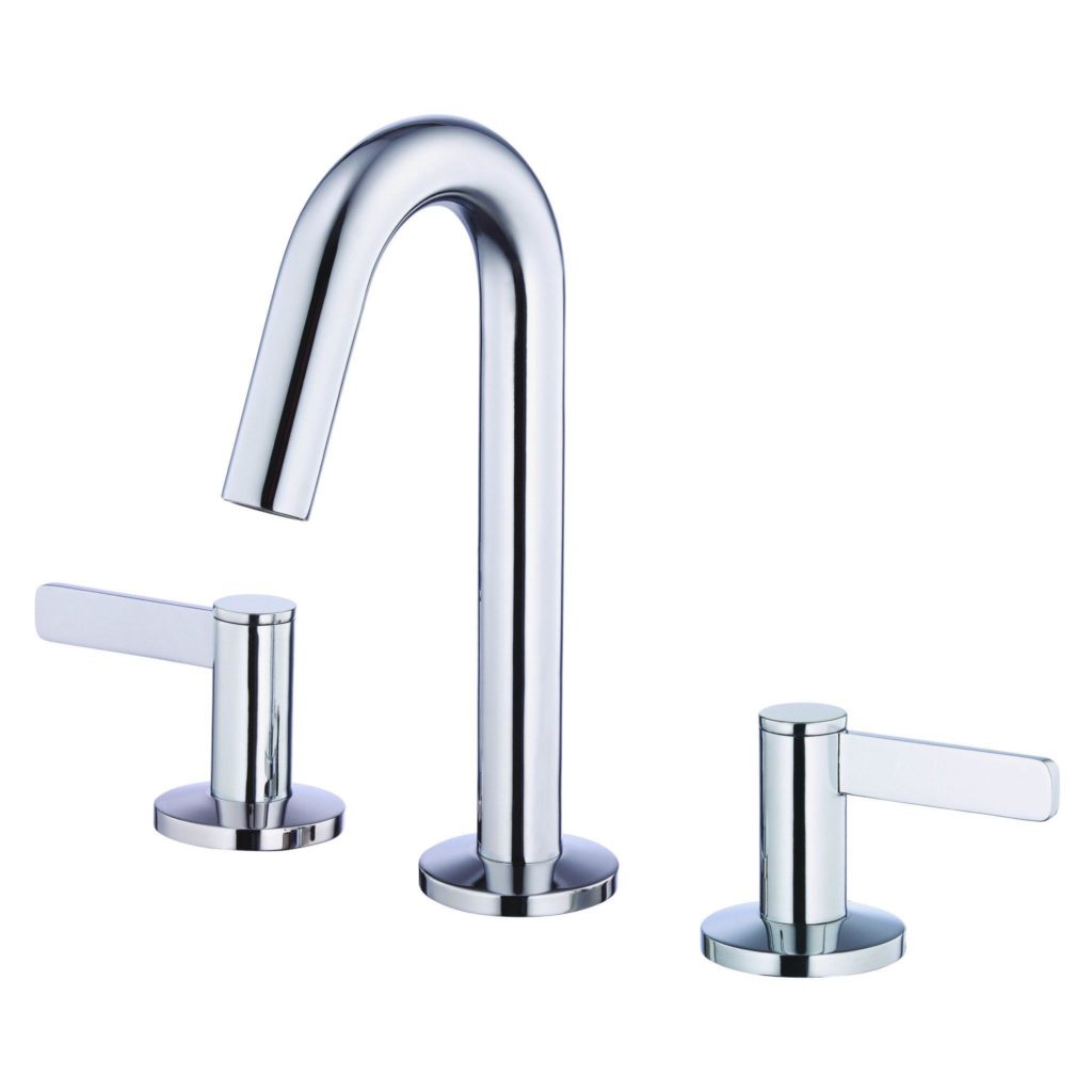 The Amalfi Two Handle Widespread Bathroom Faucet showcases a tall curved spout with two sleek cylindrical handles in modern chrome, set against a pristine white background.