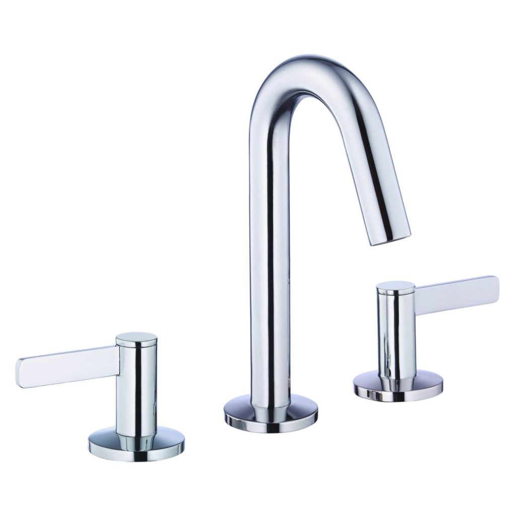 The Amalfi Two Handle Widespread Bathroom Faucet features a modern chrome finish, a high curved center spout, and two separate handles for hot and cold water, all shown isolated on a white background.