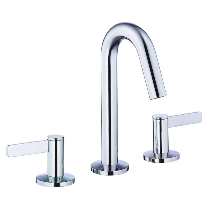 The Amalfi Two Handle Widespread Bathroom Faucet features a modern chrome finish, a high curved center spout, and two separate handles for hot and cold water, all shown isolated on a white background.