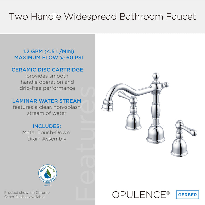 Opulence® Two Handle Widespread Bathroom Faucet with Metal Touch-Down Drain