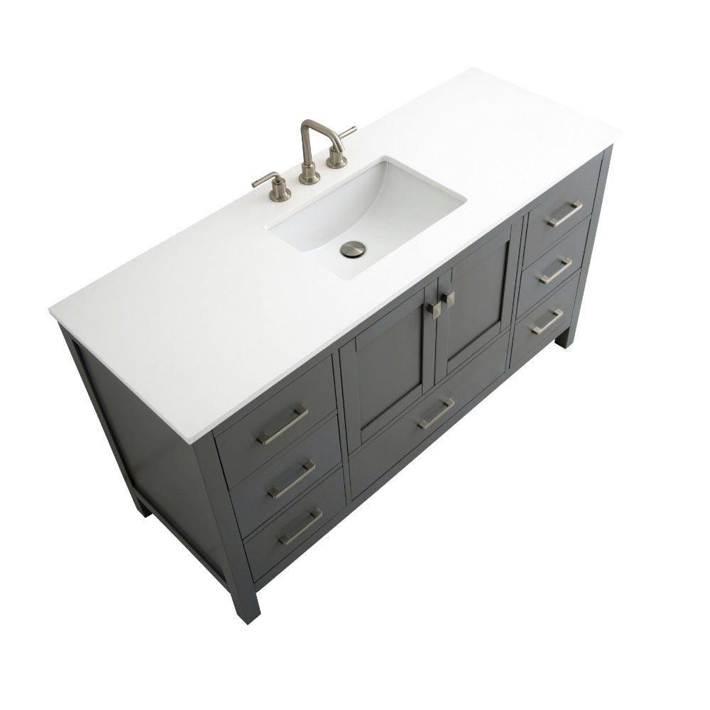 Alya Bath Vanea 60" Single Sink Freestanding Bathroom Vanity in Gray with White Quartz Top