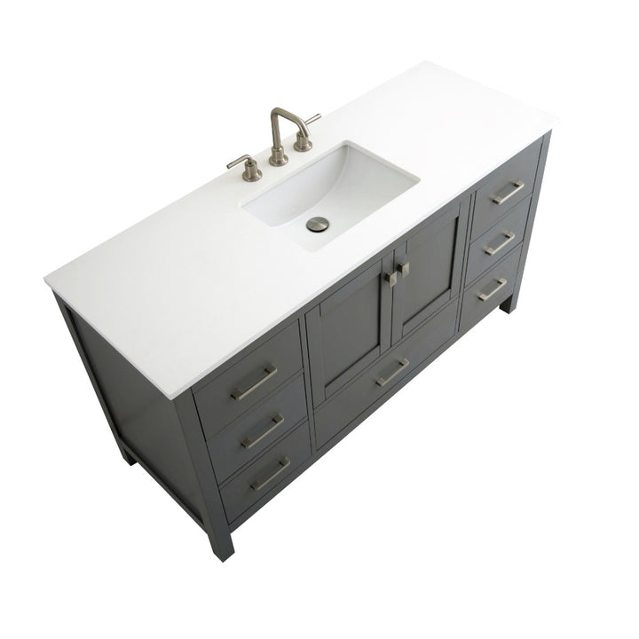 Alya Bath Vanea 60" Single Sink Freestanding Bathroom Vanity in Gray with White Quartz Top