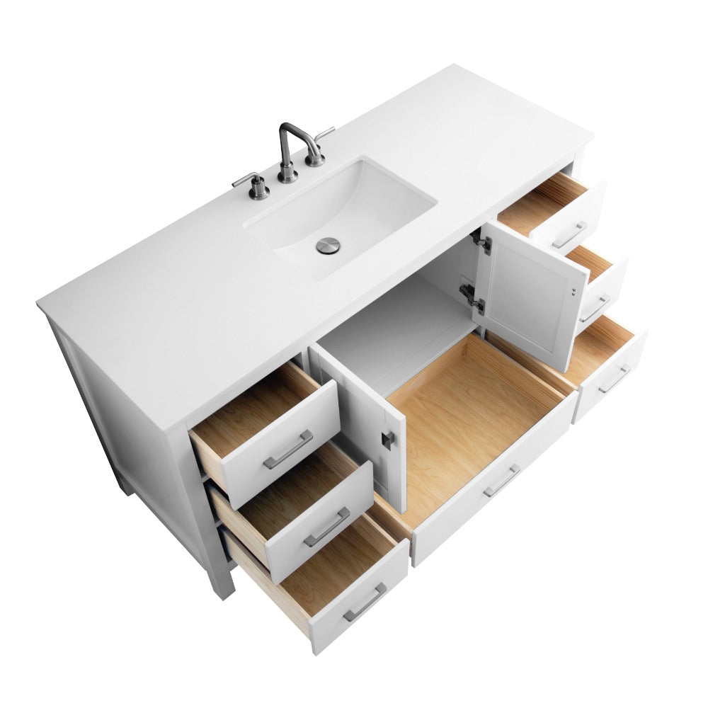 Alya Bath Vanea 60" Single Sink Bathroom Vanity in White with White Quartz Top