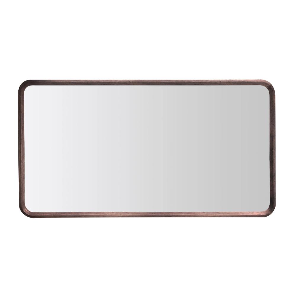 The Vela Mirrors wall mirror features a dark brown wooden frame with rounded corners, reflecting a plain white background.