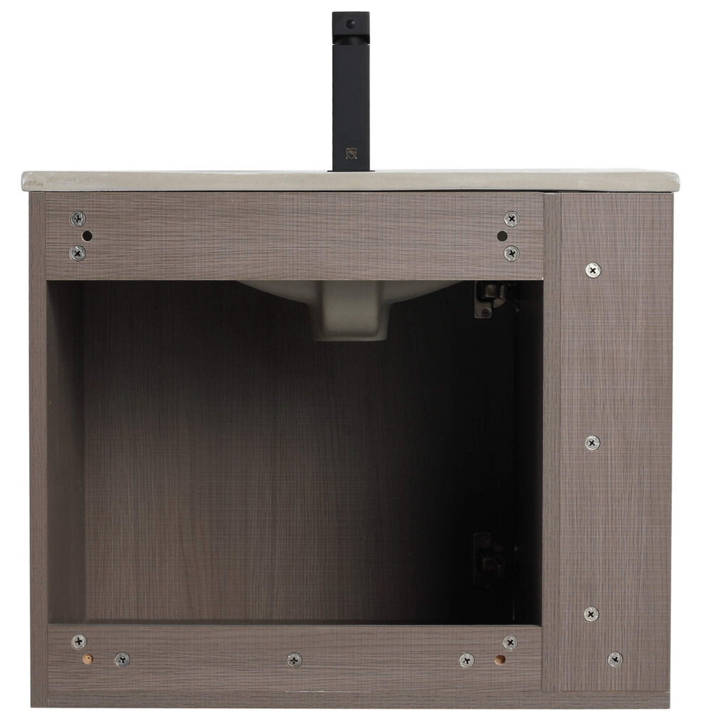 The Elmridge 24 Inch Wall Mounted Bathroom Vanity With Sink showcases a front view of its wooden cabinet with an open back and center cutout for plumbing. It includes a beige countertop and silver screws along the edges for a sleek appearance.