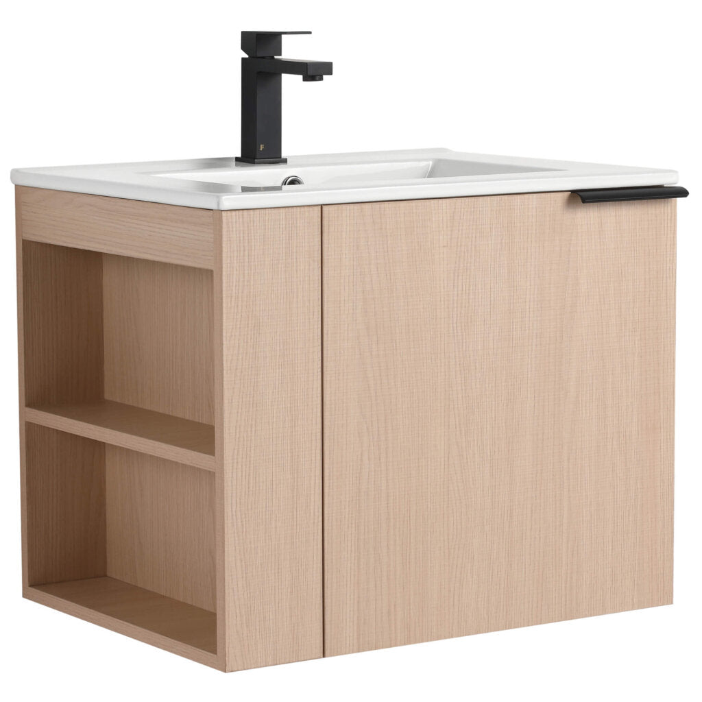 Discover the chic Elmridge 24 Wall-Mounted Vanity, showcasing a sleek wooden design with a rectangular white sink and black faucet. It features left-side storage shelves and a right-side cabinet with a stylish black handle.