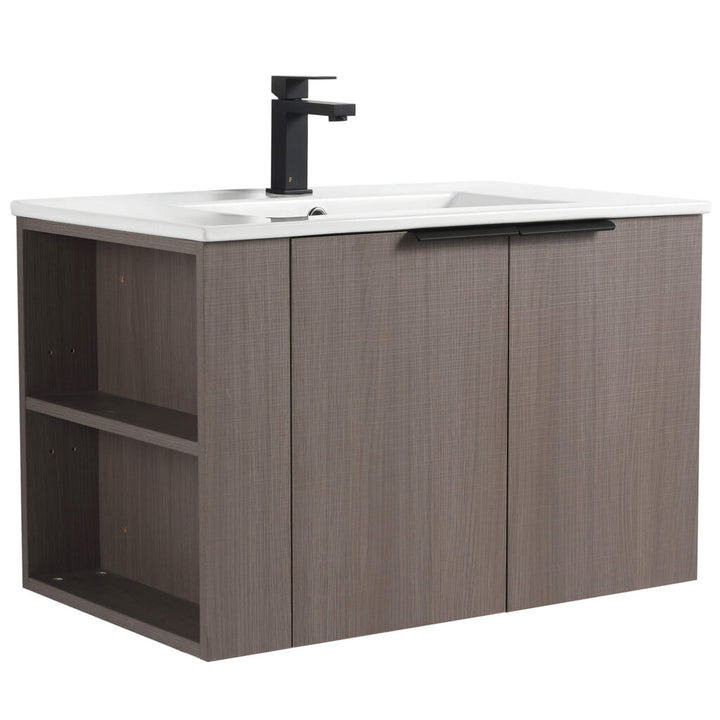 The Elmridge Bathroom Vanity features a wood-textured finish with a sleek white countertop and integrated sink, complemented by a black faucet, matching cabinet handle, and open side shelving for an elegant touch.
