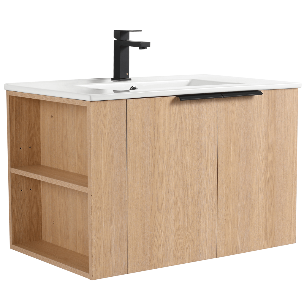 Discover the Elmridge 30 Inch Wall Mounted Bathroom Vanity With Sink, boasting a wooden base, white countertop, integrated sink, black faucet, two cabinet doors, and open side shelving for a sleek, modern minimalist design.