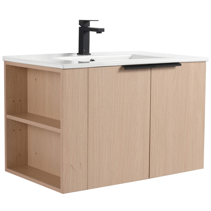 The Elmridge 30 Inch Wall Mounted Bathroom Vanity With Sink features a wooden design with a white countertop, sleek black faucet, two cabinet doors with black handles, and two side shelves for storage.