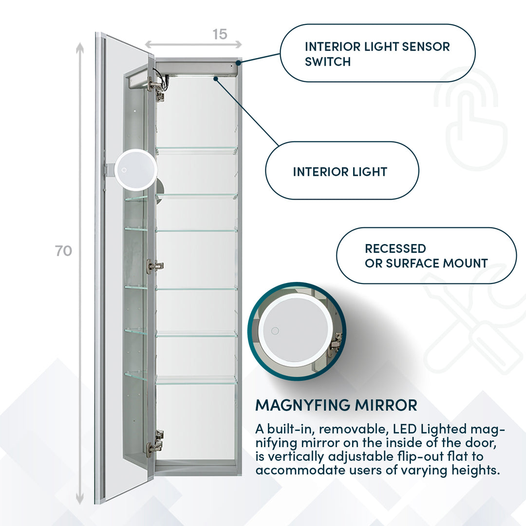 Edge Royale 15" x 70" Right Hinge LED Lighted Medicine Cabinet
