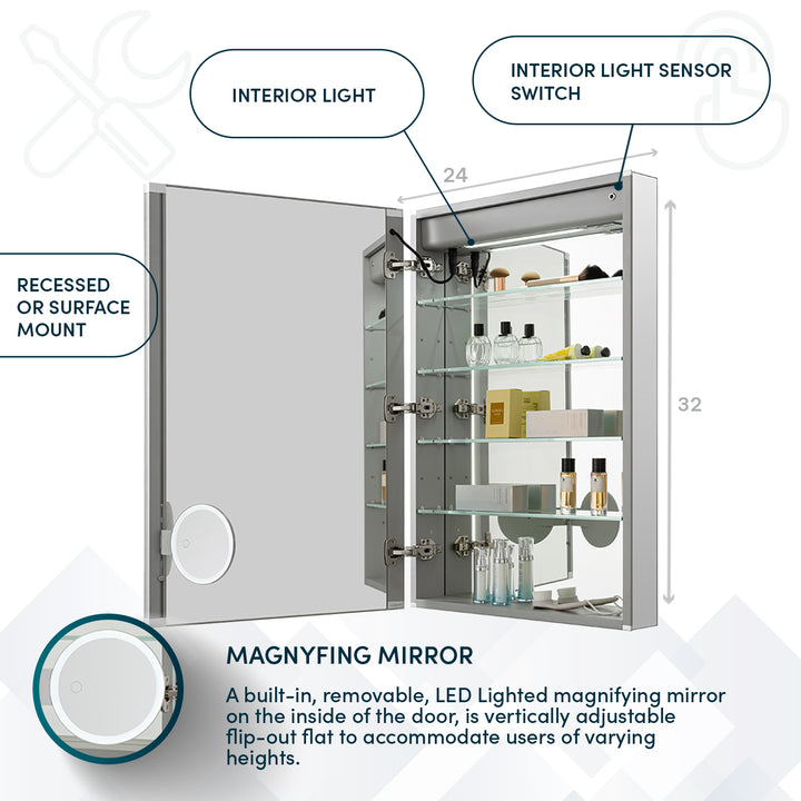 Edge Royale 24" x 32" Left Hinge LED Lighted Medicine Cabinet