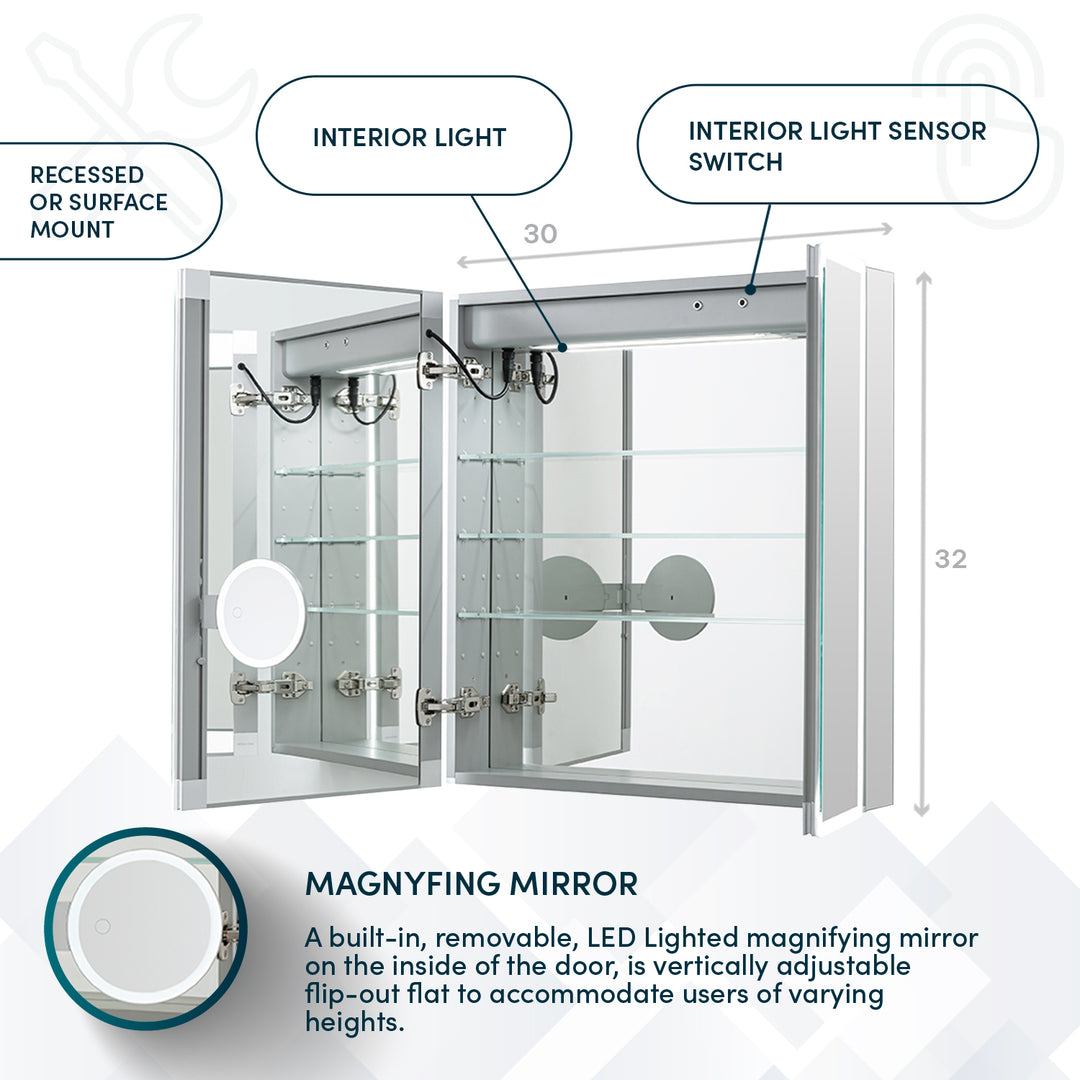 Edge Royale 30" x 32" LED Double Door Medicine Cabinet
