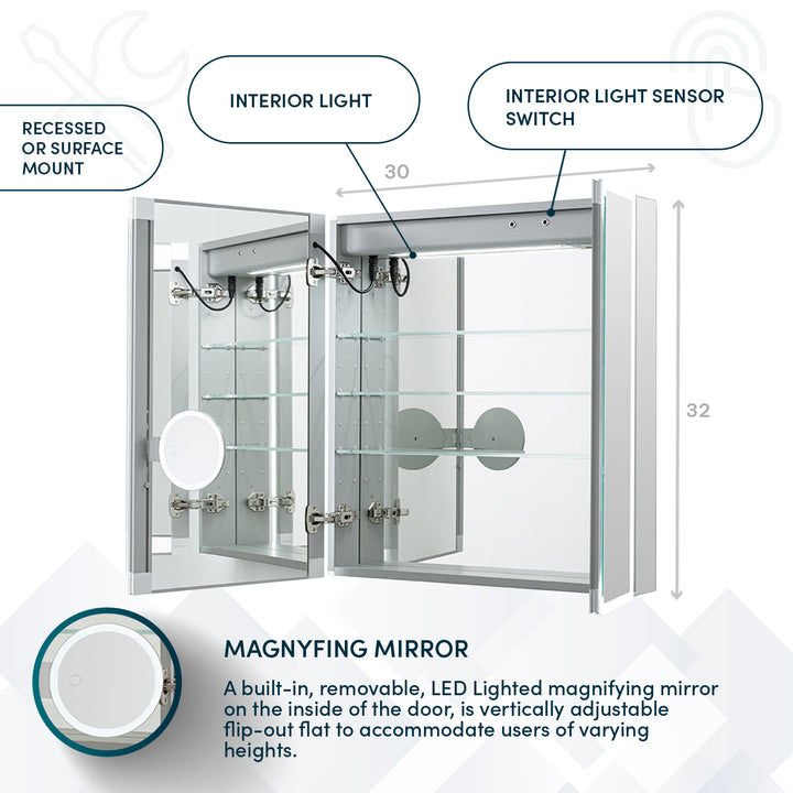 Edge Royale 30" x 32" LED Double Door Medicine Cabinet