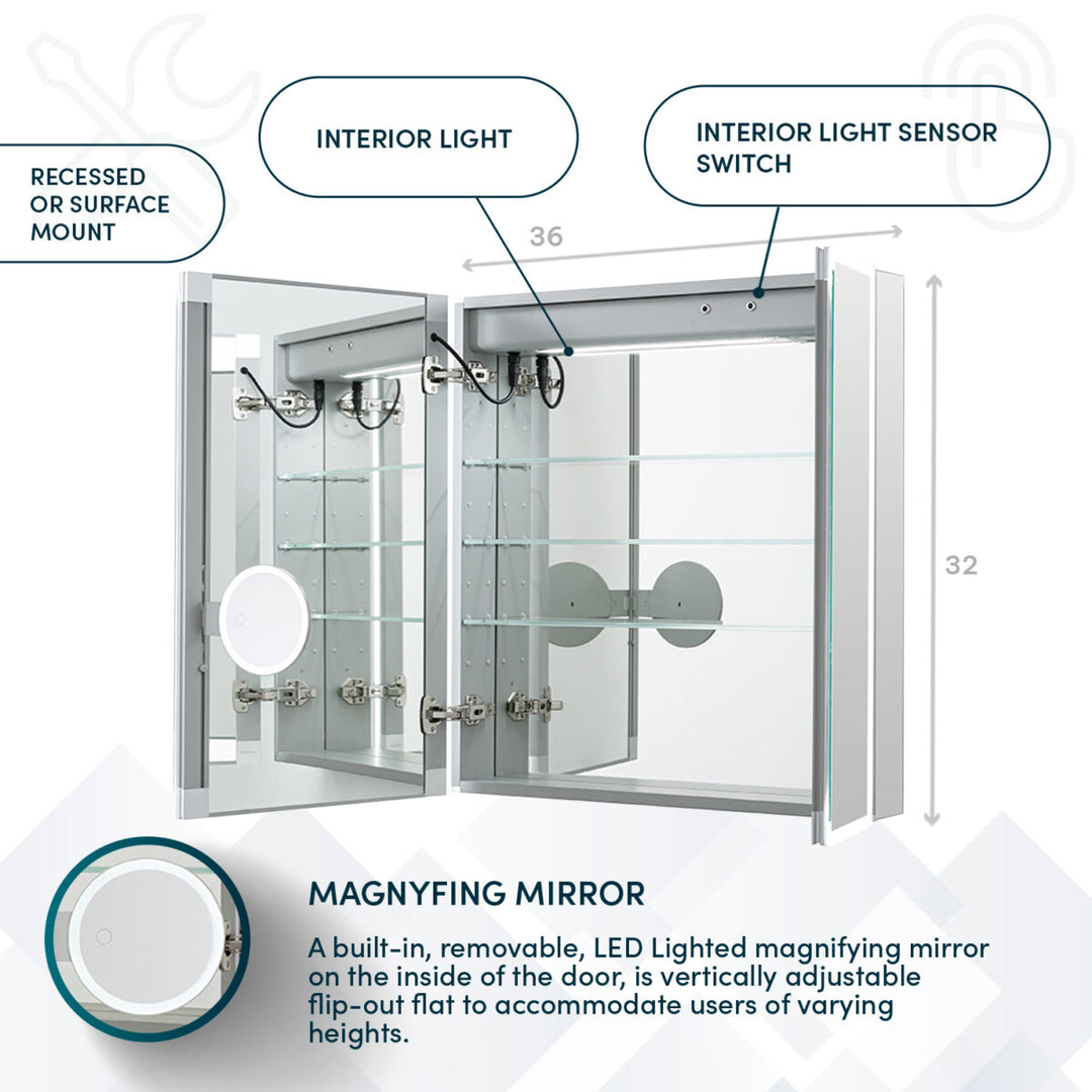 The Edge Royal 36 Inch LED Lighted Mirror Medicine Cabinet features mirrored doors, interior shelves, built-in LED lighting, an interior light sensor switch, and a removable magnifying mirror mounted inside the door.
