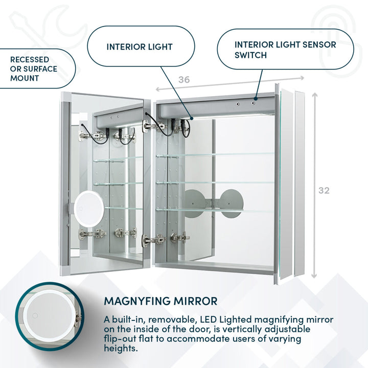 The Edge Royal 36 Inch LED Lighted Mirror Medicine Cabinet features mirrored doors, interior shelves, built-in LED lighting, an interior light sensor switch, and a removable magnifying mirror mounted inside the door.