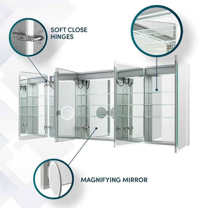The Edge Royal 72 Inch LED Lighted Mirror Medicine Cabinet features mirrored doors, soft close hinges, and an interior round magnifying mirror. Insets show the hinge and magnifying mirror detail.