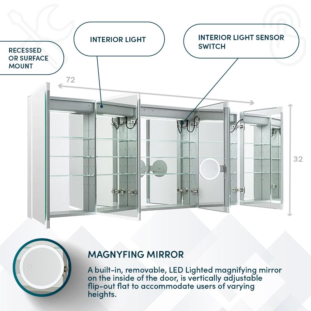 The Edge Royal 72 Inch LED Lighted Mirror Medicine Cabinet features three mirrored doors, interior shelves, built-in LED lighting, a removable magnifying mirror, interior light, sensor switch, and can be recessed or surface mounted.