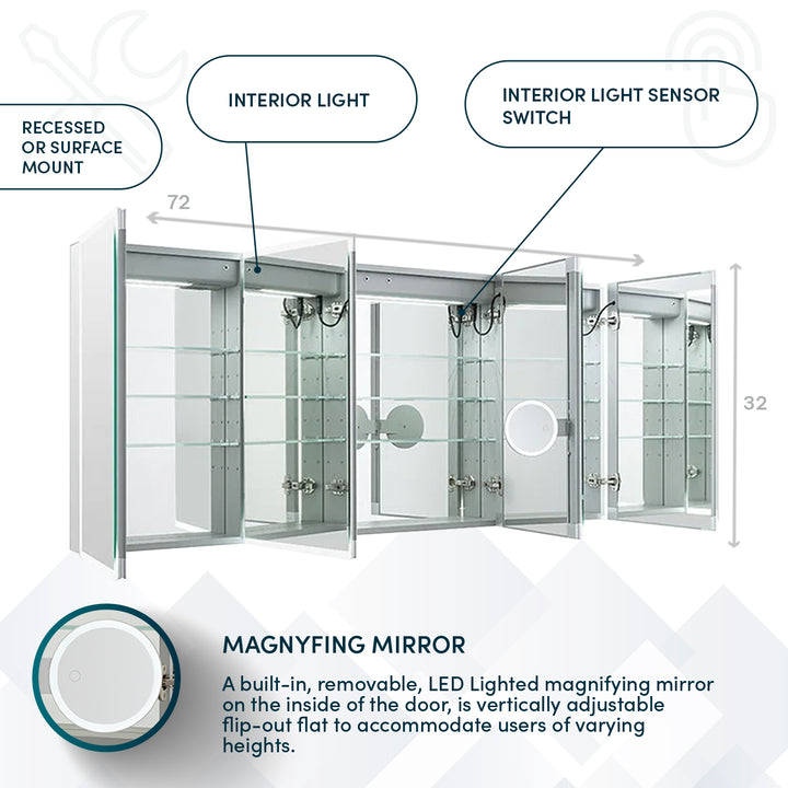 Edge Royale 72" x 32" LED Lighted Four Door Medicine Cabinet