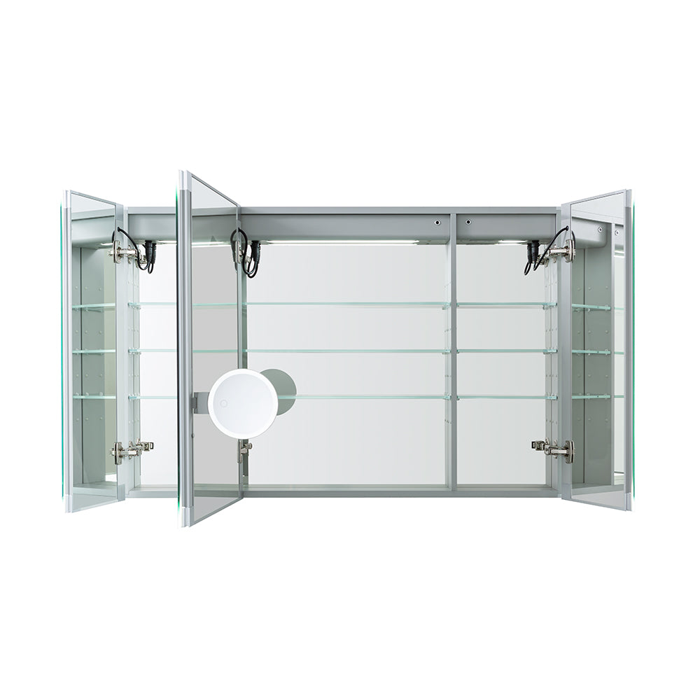 The Edge Royal 48 Inch LED Lighted Mirror 3 Door Medicine Cabinet mounts to the wall, featuring mirrored doors that open to reveal glass shelves and a built-in round magnifying mirror inside.