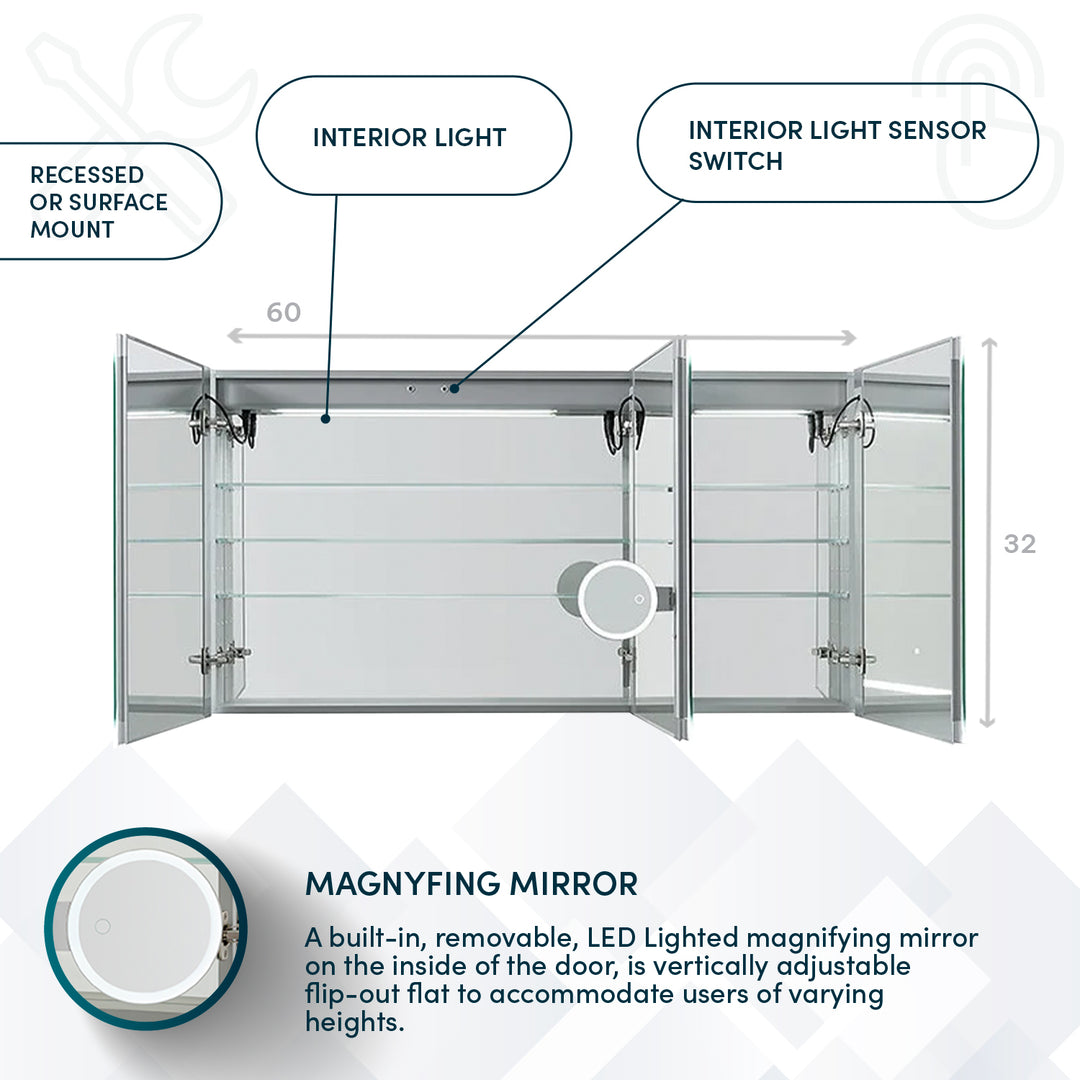 Edge Royale 60" x 32" LED Lighted Triple Door Medicine Cabinet