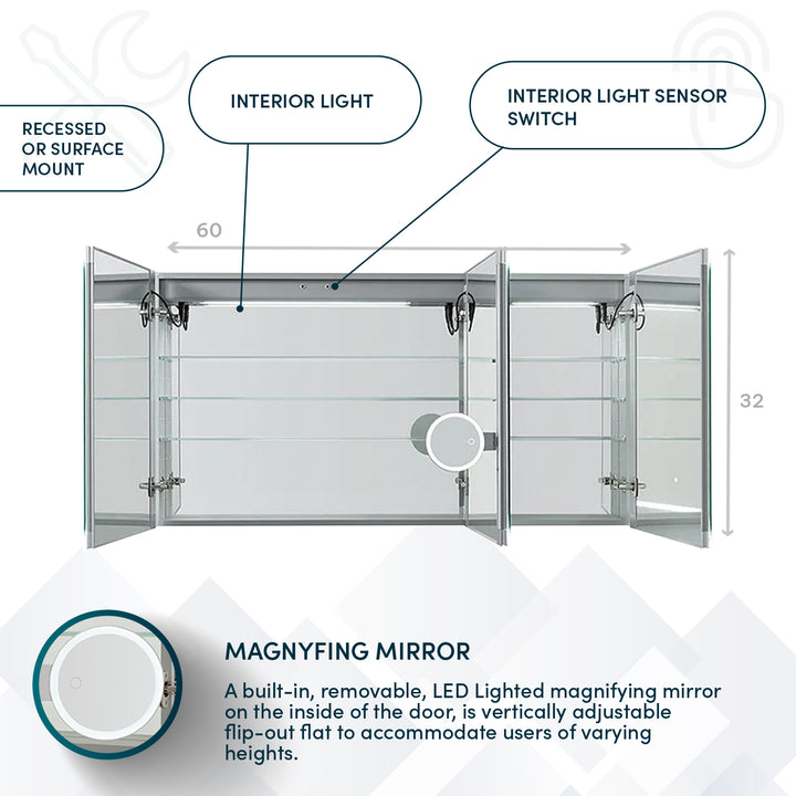 Edge Royale 60" x 32" LED Lighted Triple Door Medicine Cabinet