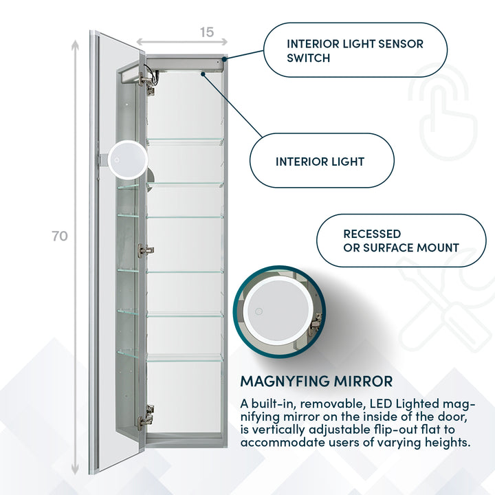 Edge Royale 15" x 70" Left Hinge LED Lighted Medicine Cabinet
