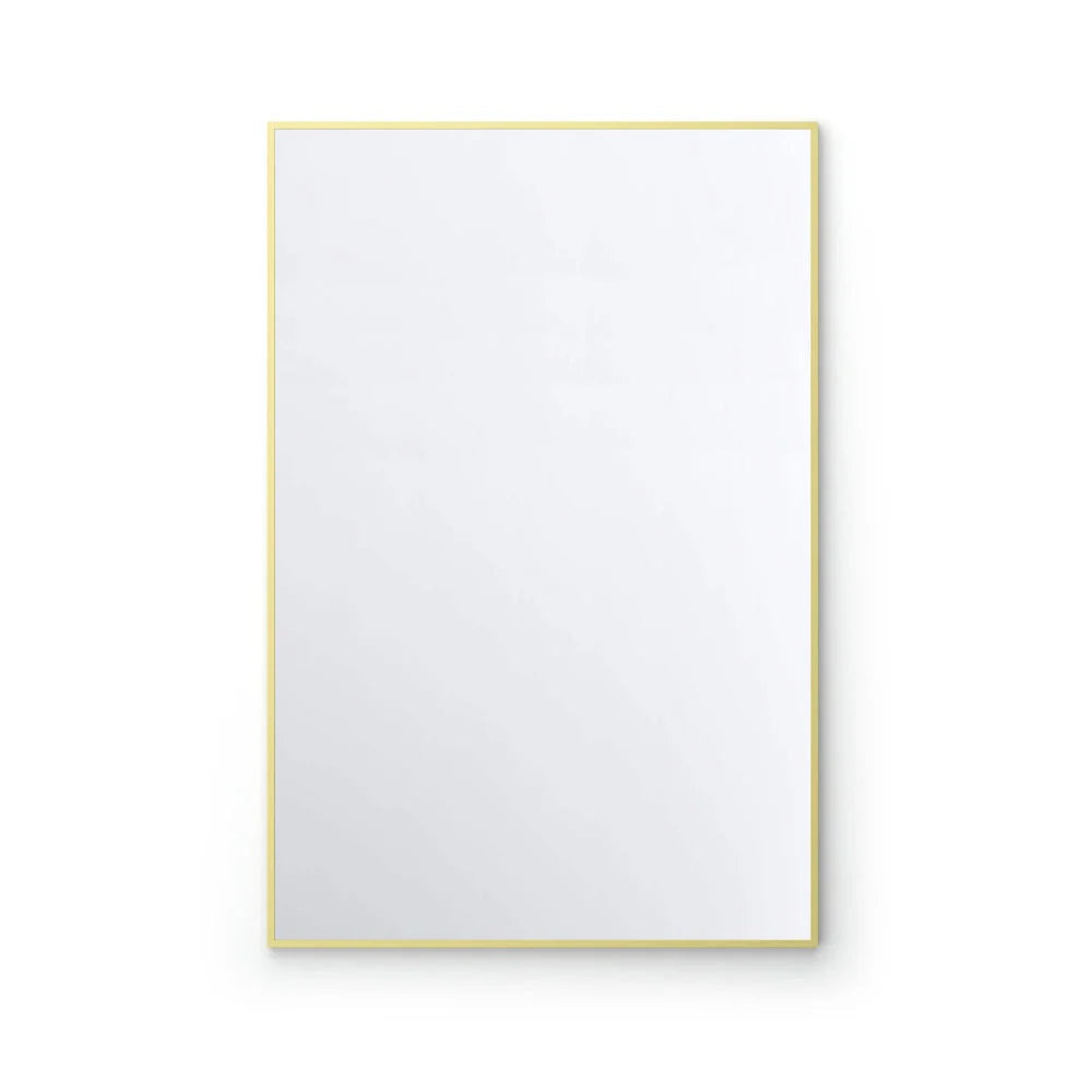 Metal Framed Mirrors: A rectangular wall mirror with a slim gold frame set against a plain white backdrop, making it a stylish addition to any room.