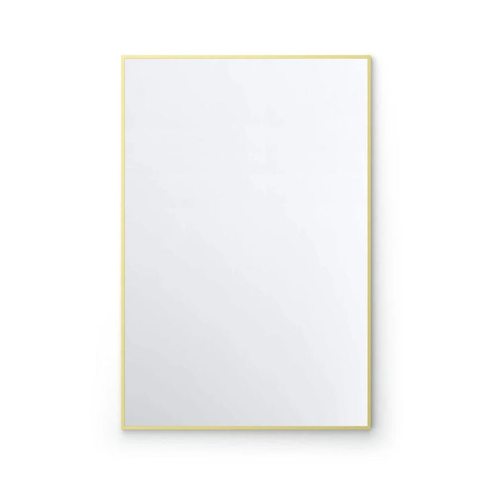 Metal Framed Mirrors: A rectangular wall mirror with a slim gold frame set against a plain white backdrop, making it a stylish addition to any room.