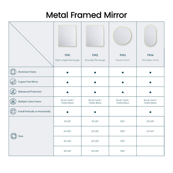 30" x 36" Metal Frame Wall-Mount Bathroom Mirror, Shatterproof in FM1