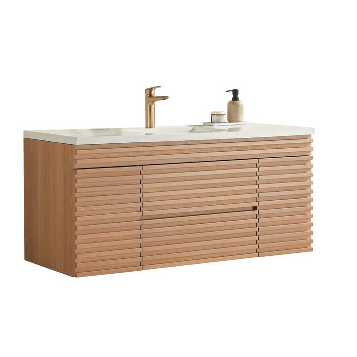 The Linea 48 Inch Wall Mounted Bathroom Vanity features a white countertop, gold faucet, soap dispenser, small dish, and horizontal cabinet slats for a sleek, contemporary look.
