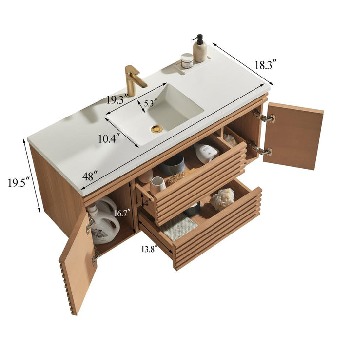 The Linea 48 Inch Wall Mounted Bathroom Vanity features two open cabinet doors and slatted drawers for organized toiletries. Dimensions are in inches. It comes with a white countertop, sink, and gold faucet.