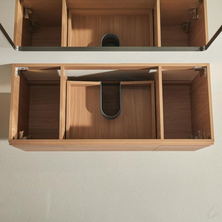 Linea 48 Inch Wall Mounted Bathroom Vanity with top, featuring multiple compartments and a U-shaped plumbing cutout, viewed from above with part of a mirror visible at the top of the image.