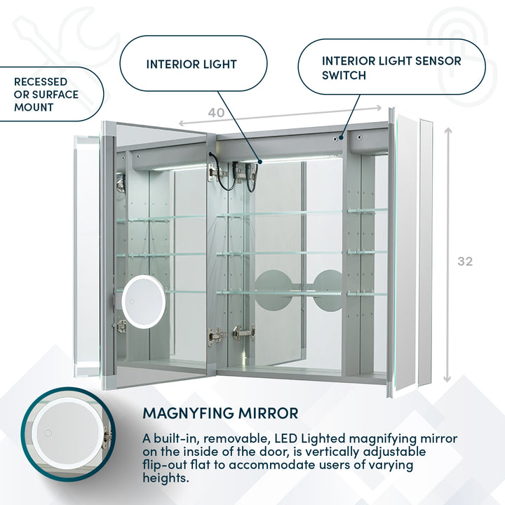 Edge Royale 40" x 32" LED Lighted Triple Door Medicine Cabinet