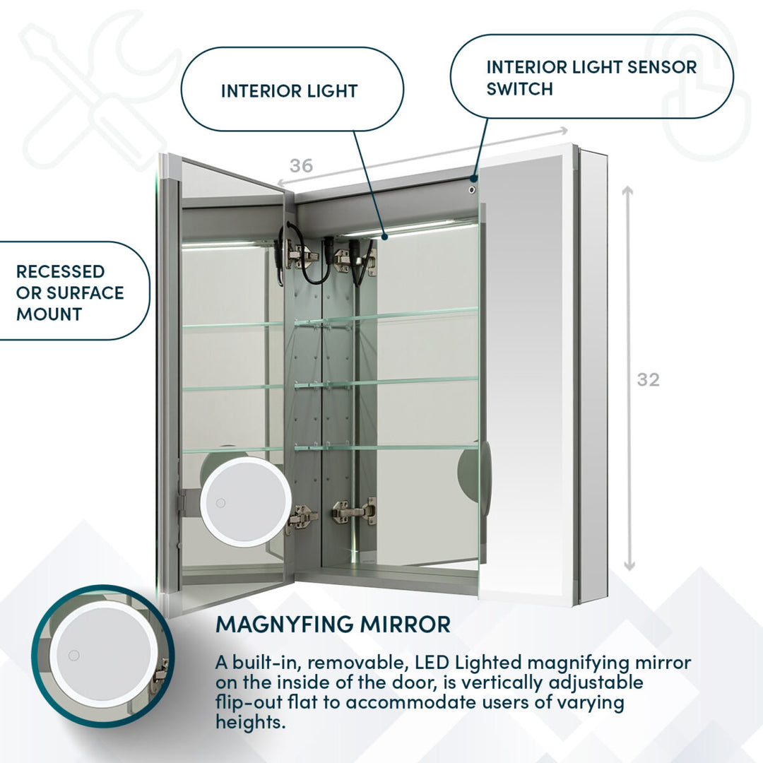 The Edge Royal 36 Inch LED Lighted Mirror 3 Door Medicine Cabinet features mirrored doors, interior LED lighting, glass shelves, a removable magnifying mirror, and a sensor switch. It can be recessed or surface mounted and measures 36" W x 32" H.