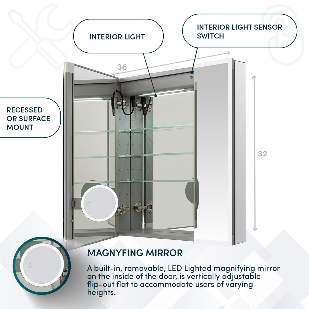 Edge Royale 36" x 32" LED Lighted Triple Door Medicine Cabinet