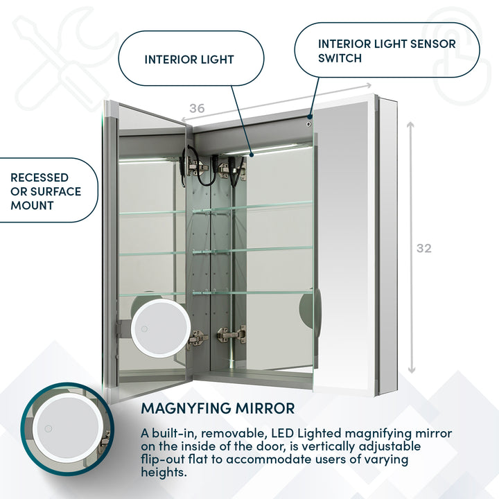 Edge Royale 36" x 32" LED Lighted Triple Door Medicine Cabinet