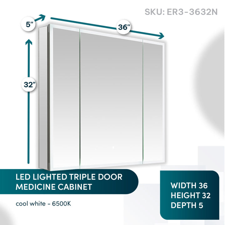 The Edge Royal 36 Inch LED Lighted Mirror 3 Door Medicine Cabinet, 36"W x 32"H x 5"D, features bright cool white 6500K lighting. SKU: ER3-3632N is displayed above the cabinet.