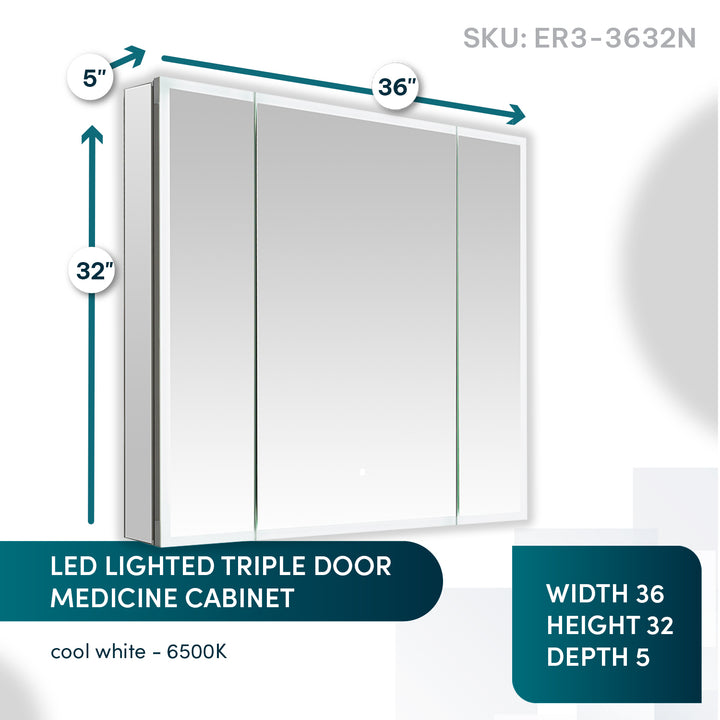 Edge Royale 36" x 32" LED Lighted Triple Door Medicine Cabinet