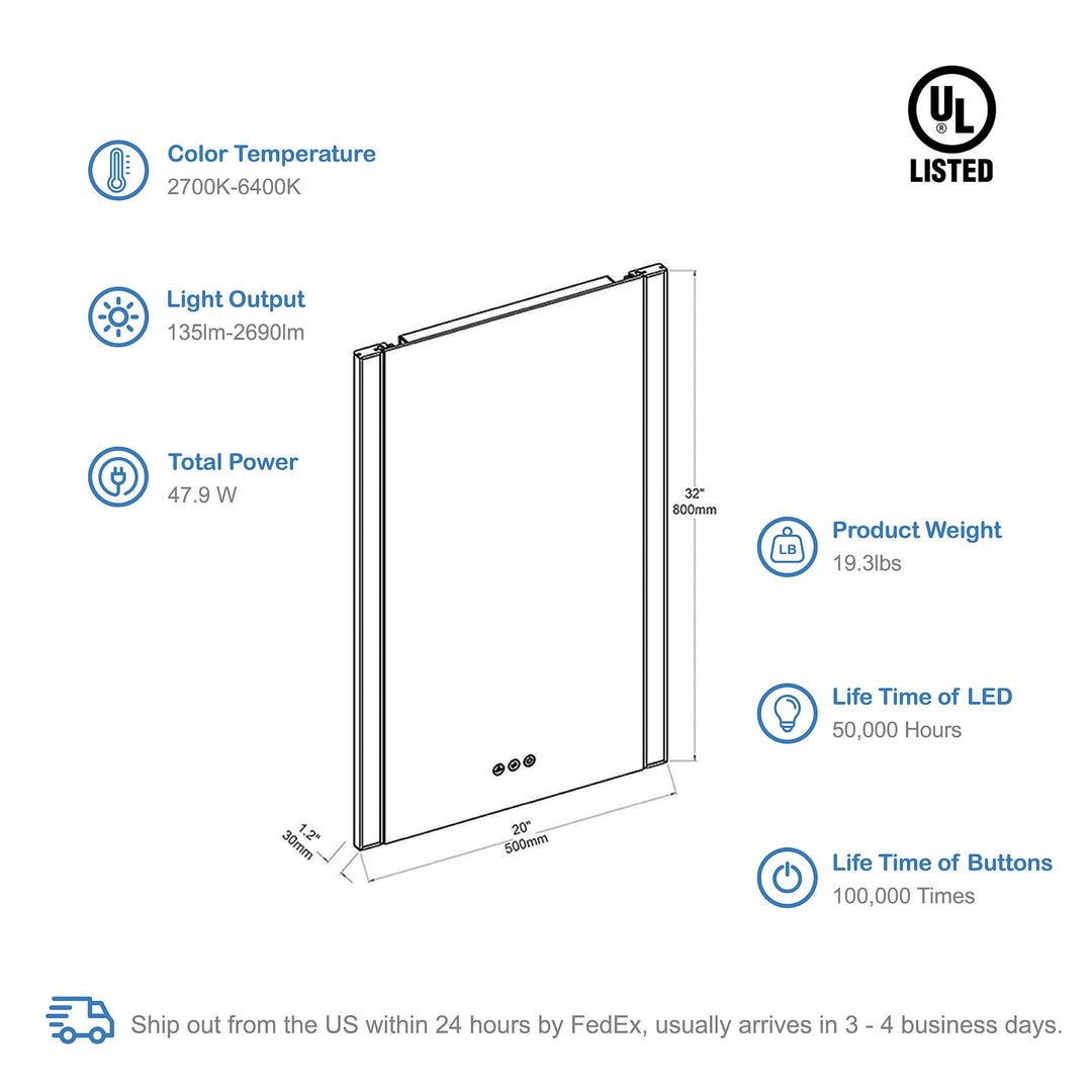 Binary LED Bathroom Mirror, Anti-Fog