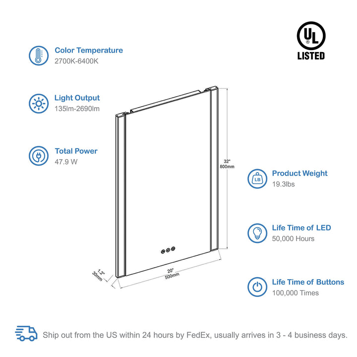 Binary LED Bathroom Mirror, Anti-Fog