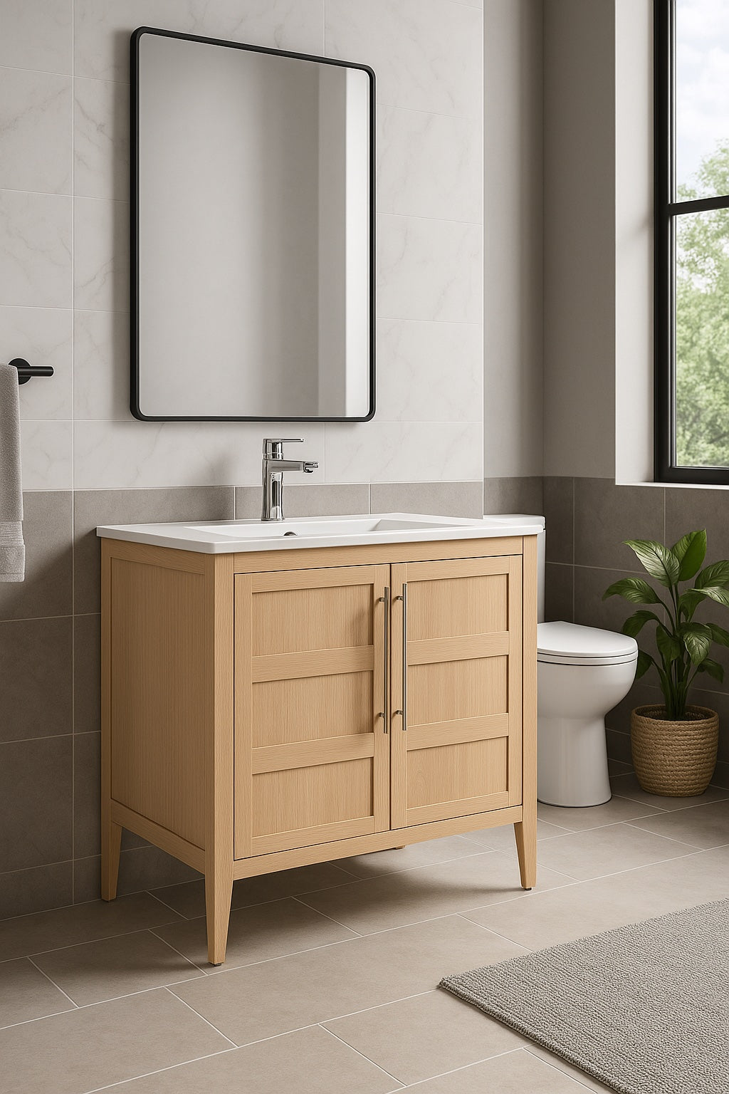A modern bathroom with the Leafside 36 Inch Bathroom Vanity With Sink features a white countertop and square mirror. A towel rack to the left, gray tiled floors and walls, plus a window view of greenery outside provides a serene escape.