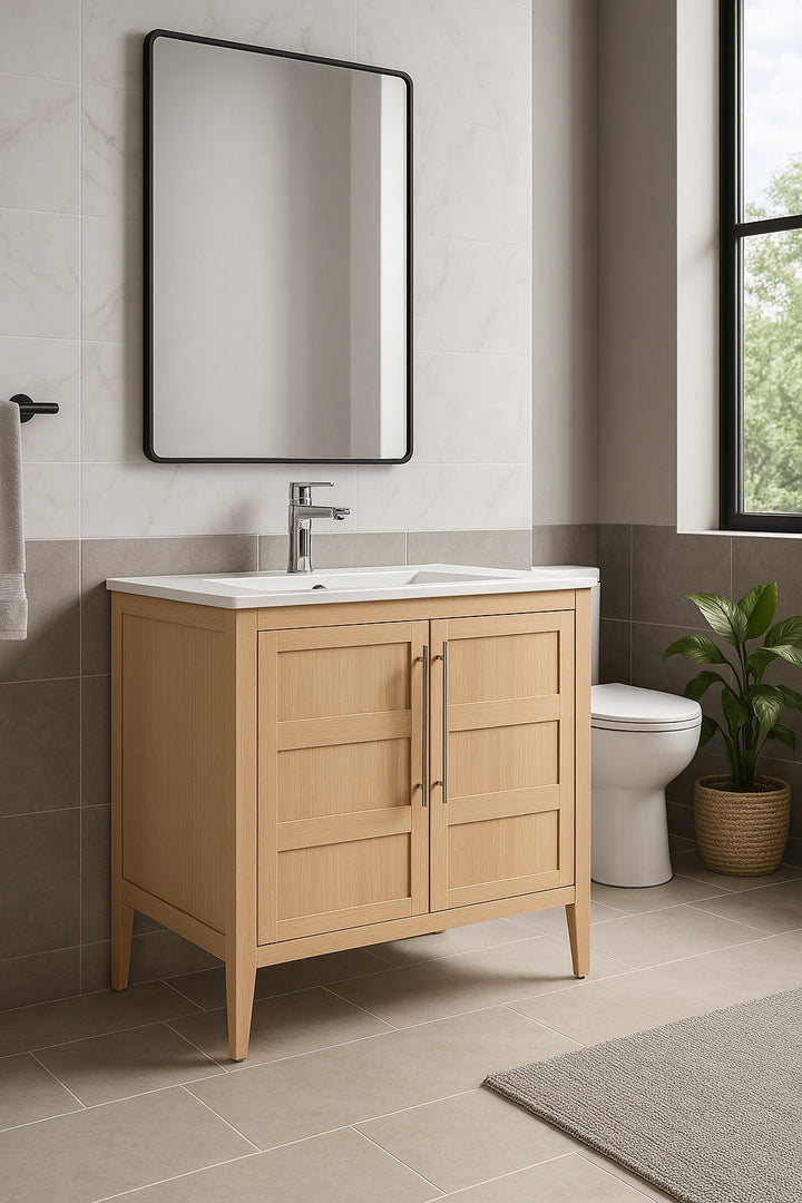 A modern bathroom with the Leafside 36 Inch Bathroom Vanity With Sink features a white countertop and square mirror. A towel rack to the left, gray tiled floors and walls, plus a window view of greenery outside provides a serene escape.