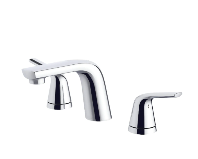The Lemora Two Handle Widespread Lavatory Faucet features a sleek, curved spout with two matching handles, designed for contemporary bathrooms. Its minimalist design and chrome finish provide a polished, reflective look on white sinks.