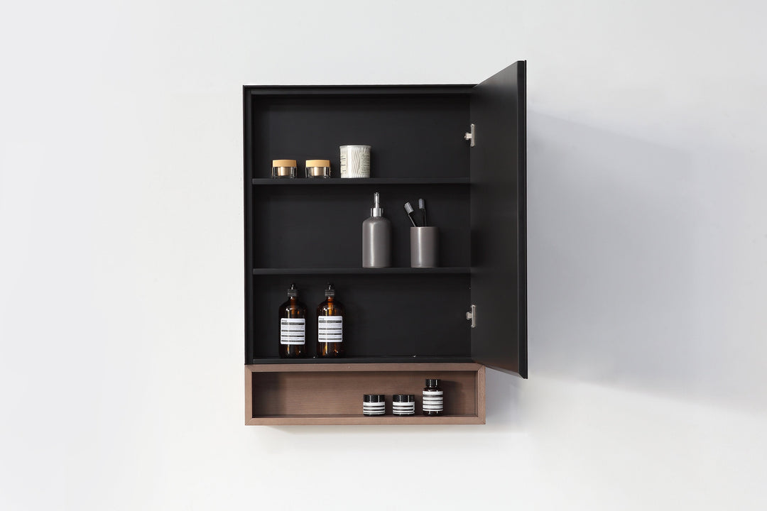 Bergen 24" Medicine Cabinet in Matte Black with Chestnut Oak Wood Shelf